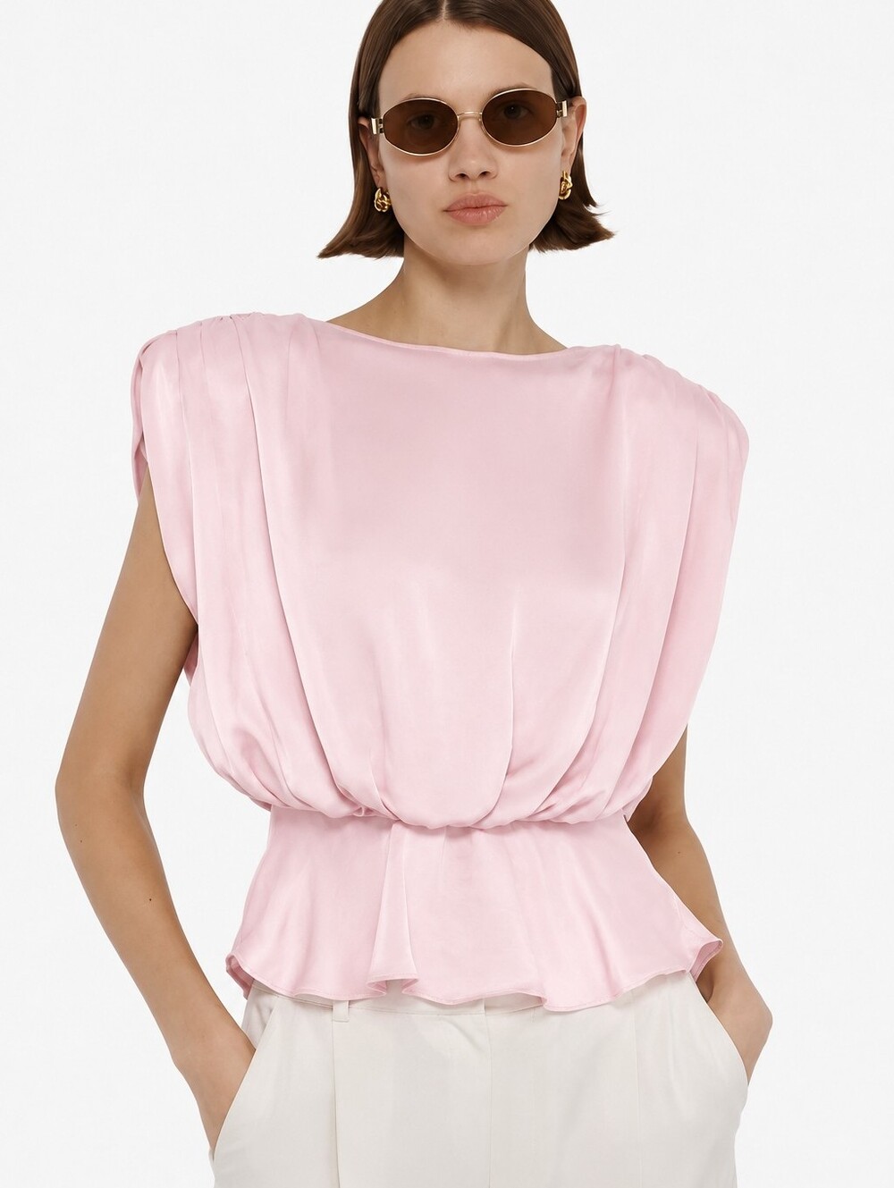 Toccin Saylor Strong Shoulder Silky Satin Puff Shoulder Peplum Top in Peony Pink